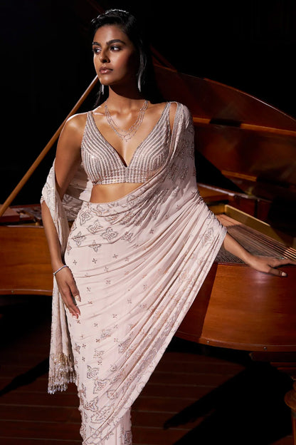 Nude Crystal Georgette Saree