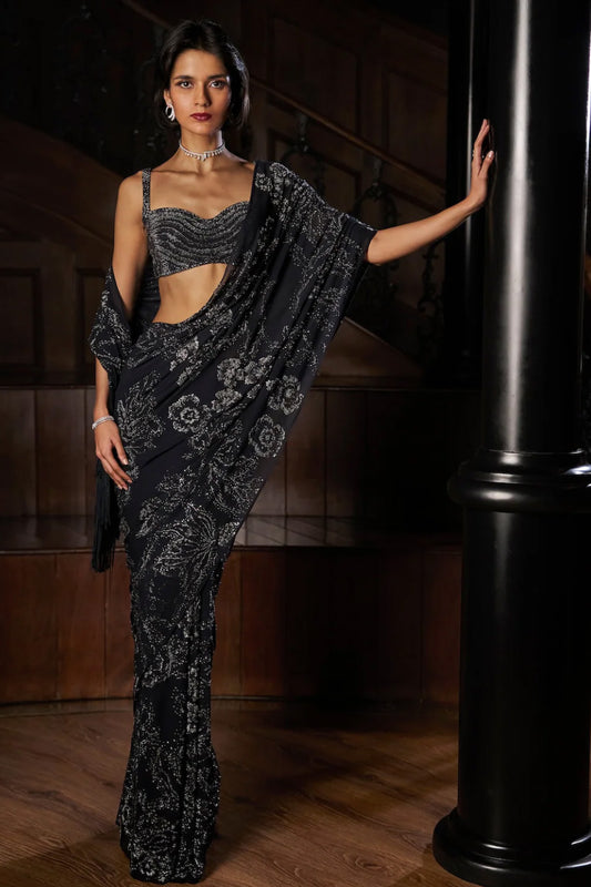 Steel Blue Crystal Georgette Saree