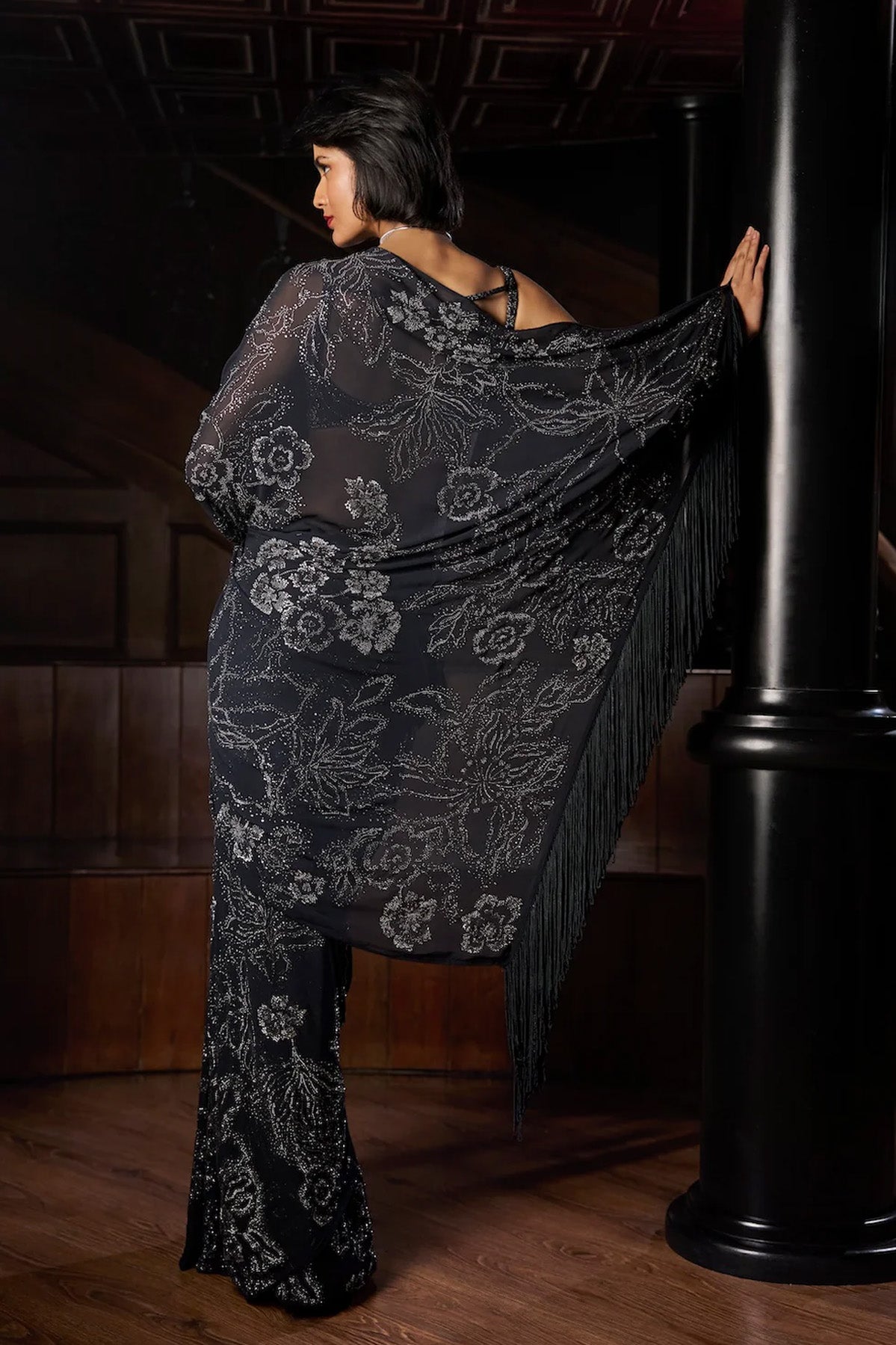 Steel Blue Crystal Georgette Saree