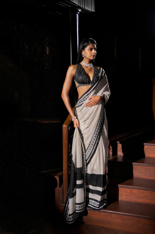 Black & White Sequin Georgette Saree