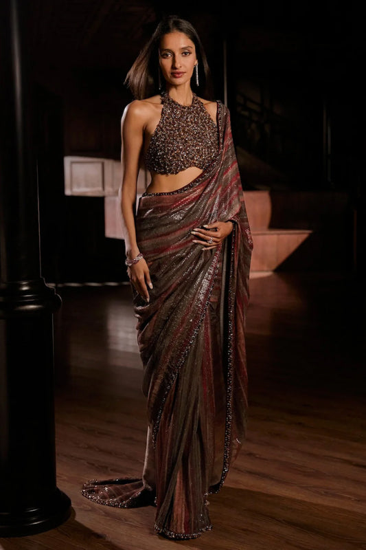 Vintage Wine Sequin Georgette Saree