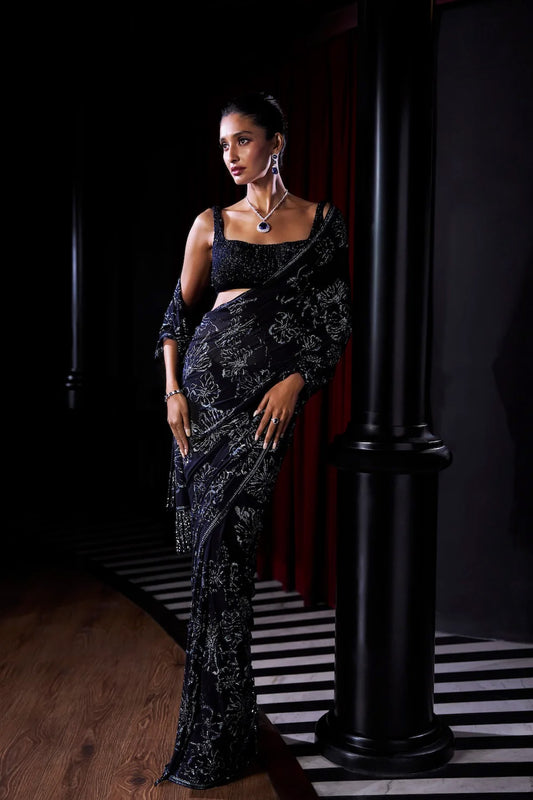 Midnight Blue Crystal Georgette Saree