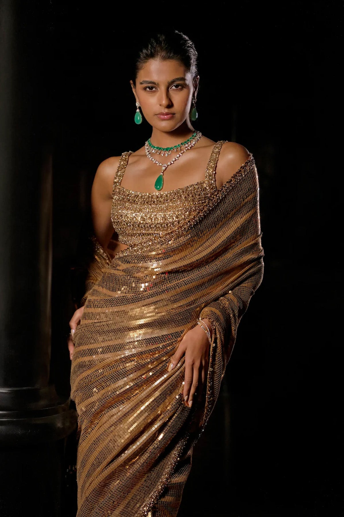 Antique Gold Sequin Georgette Saree