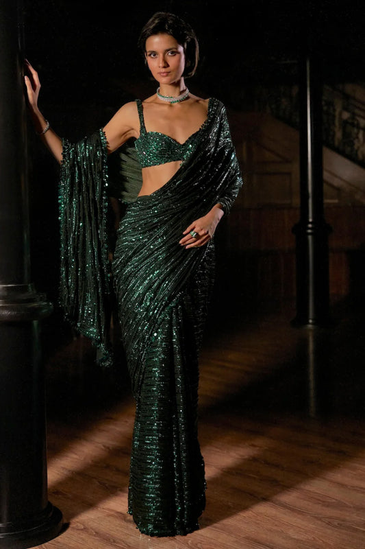 Emerald Green Sequin Georgette Saree