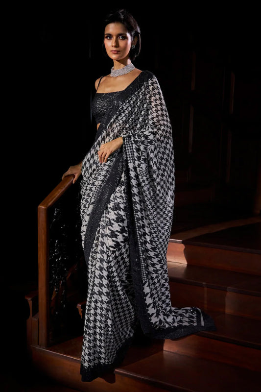 Hounds-Tooth Sequin Georgette Saree