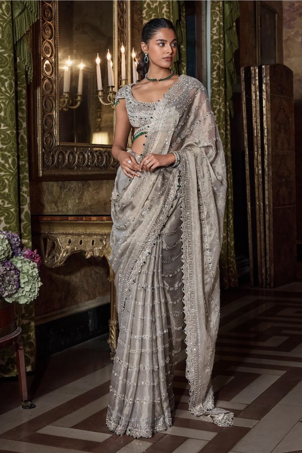 Champagne Emerald Crystal Saree