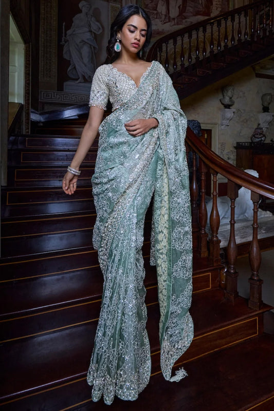 Ivory Sage Zardosi Saree