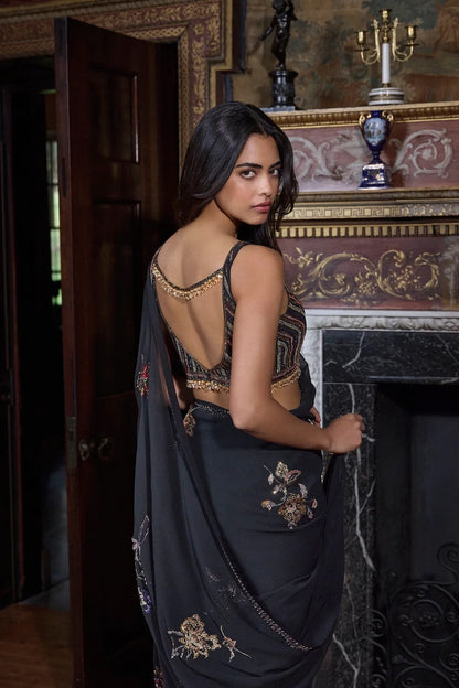 Black Crystal Georgette Saree