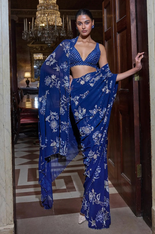 Navy Blue Floral Crystal Saree