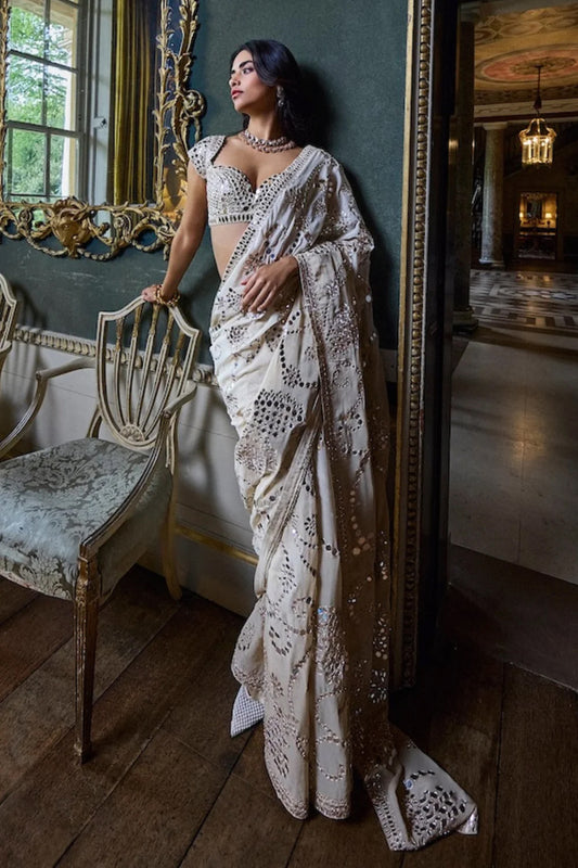 Beige Mirror Work Saree