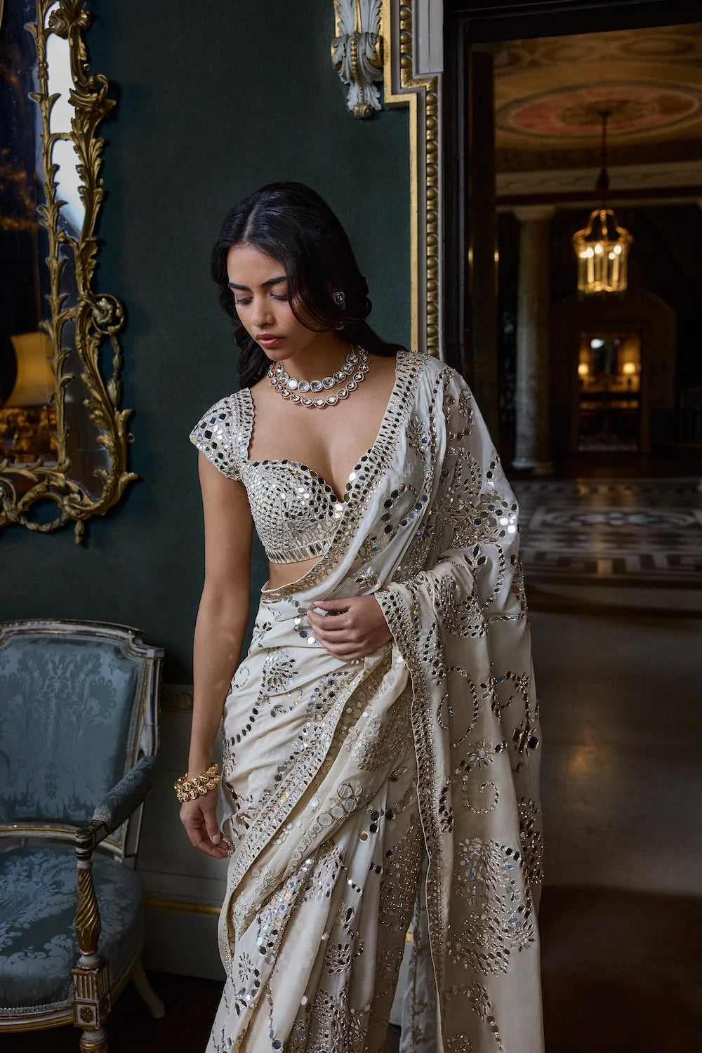 Beige Mirror Work Saree