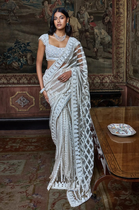 Slate Ivory Stripe Saree
