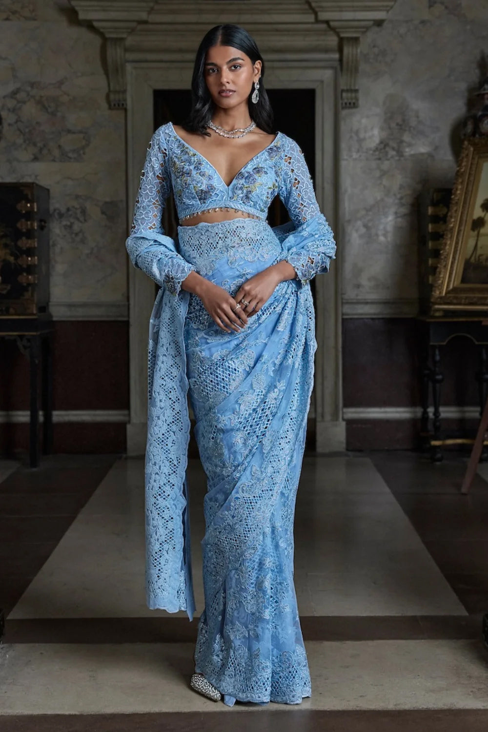 Powder Blue Thread Work Saree