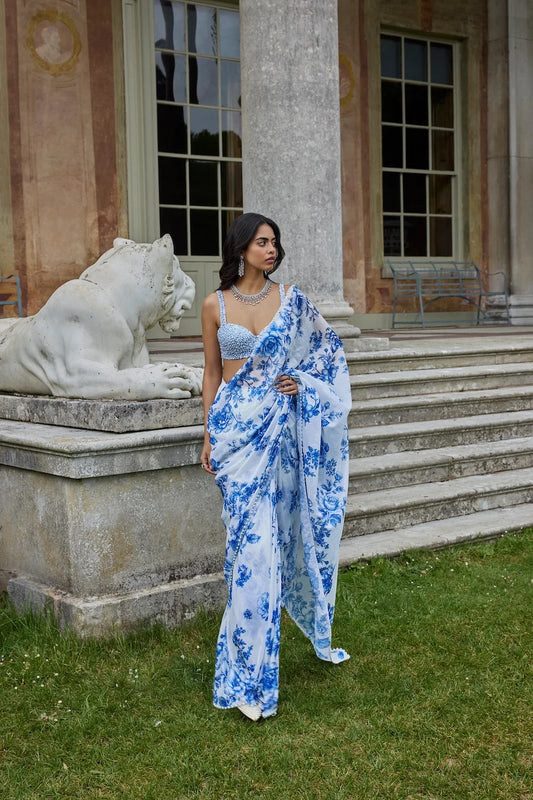 Ivory & Blue Sequin Saree