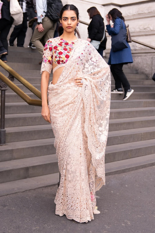Beige Multi-Coloured Thread Work Saree