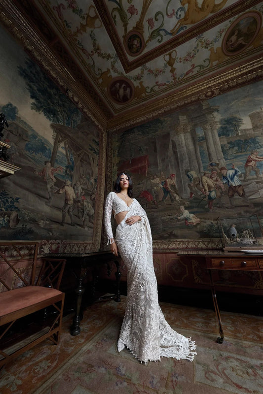 Ivory Pearl Sequin Saree
