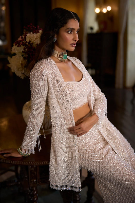 White Sequin Open Jacket - Sharara Pant