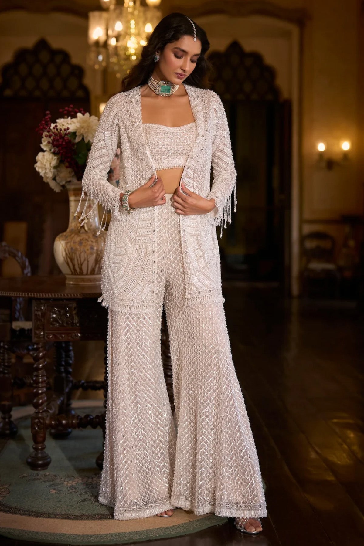 White Sequin Open Jacket - Sharara Pant