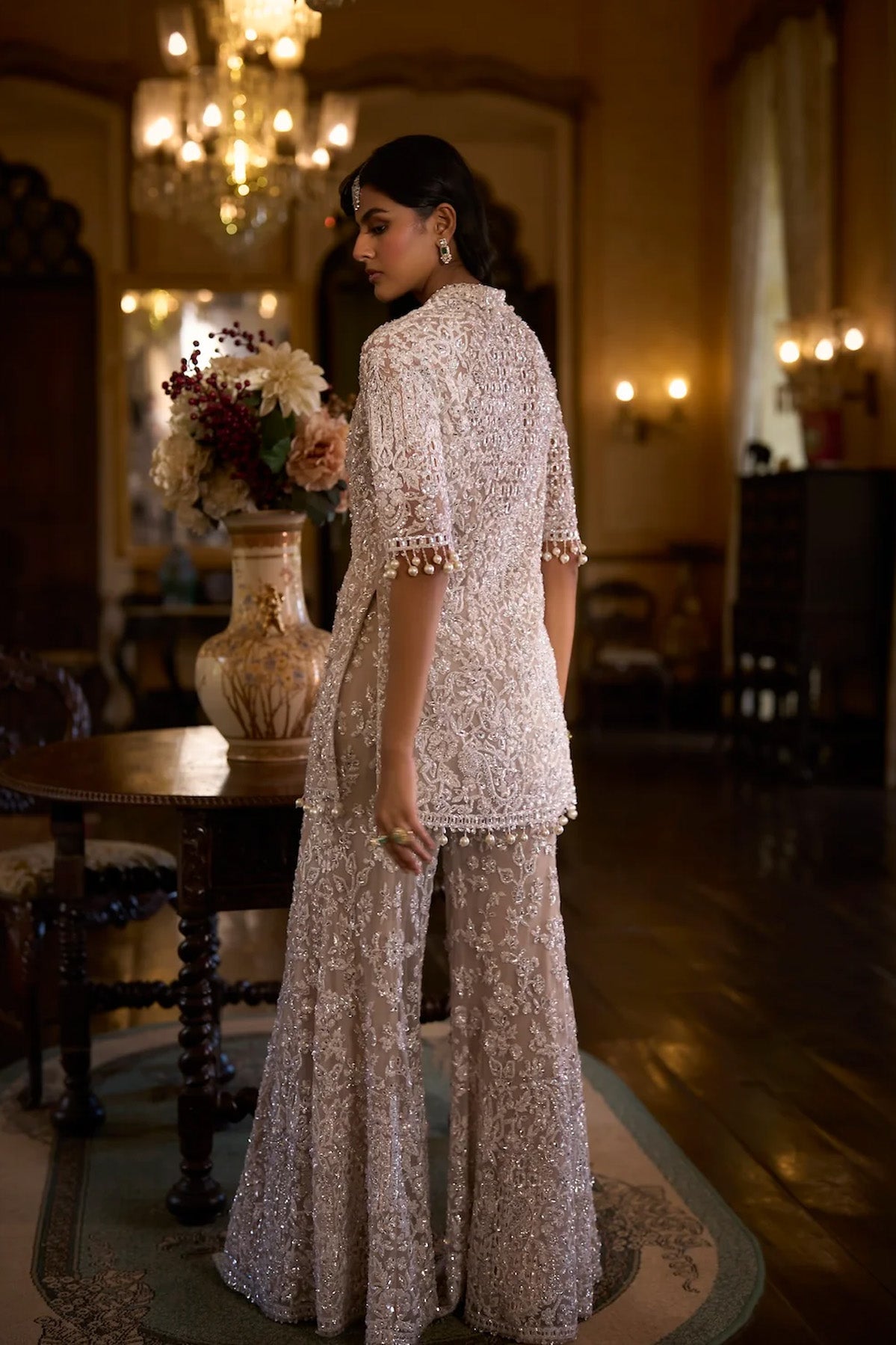 White Sequin Jacket Sharara - Pant Set