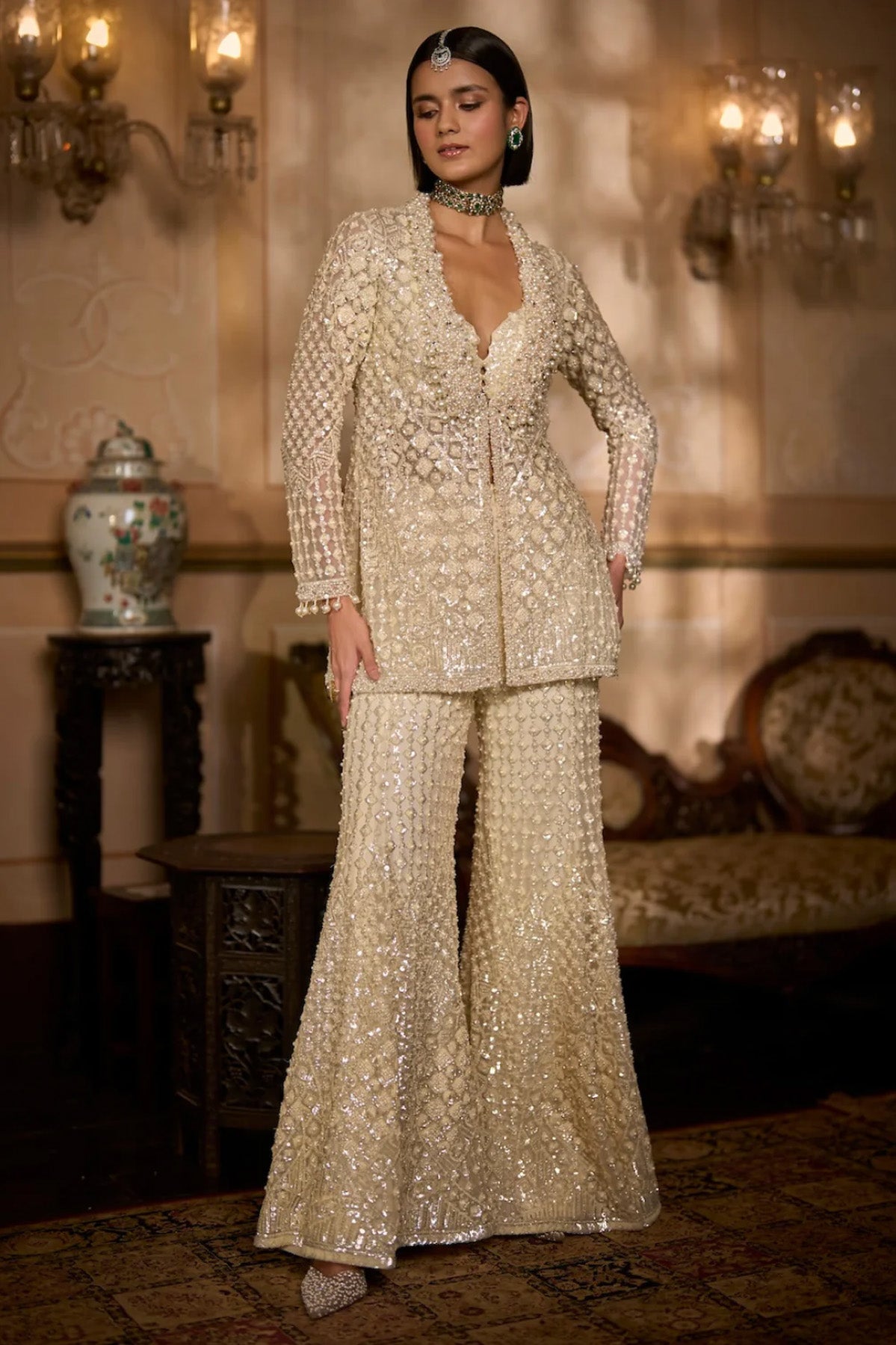 Cream Open Jacket Sharara - Pant Set