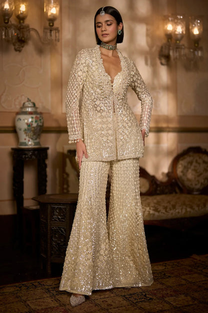Cream Open Jacket Sharara - Pant Set