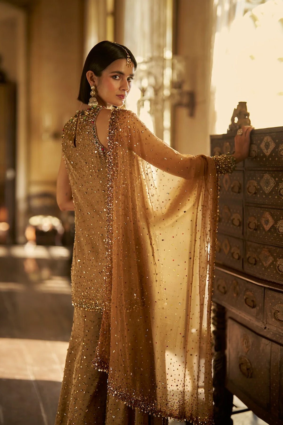 Gold Jewelled Sharara Set