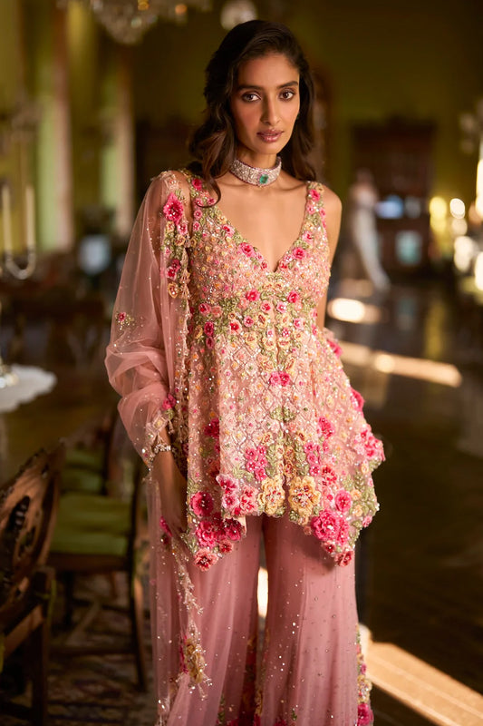 Pink Three-Dimensional Sharara Set