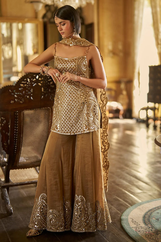 Antique Gold Mirror Sharara Set