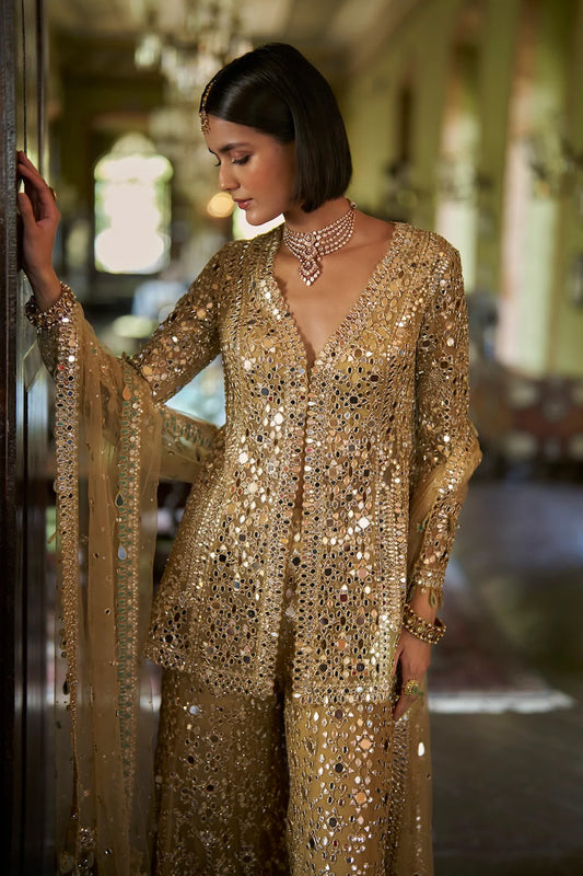 Gold Mirror Work Sharara Set