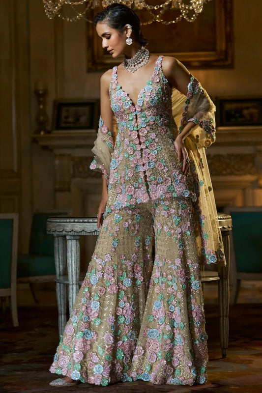 Multi-Coloured Three-Dimensional Sharara Set