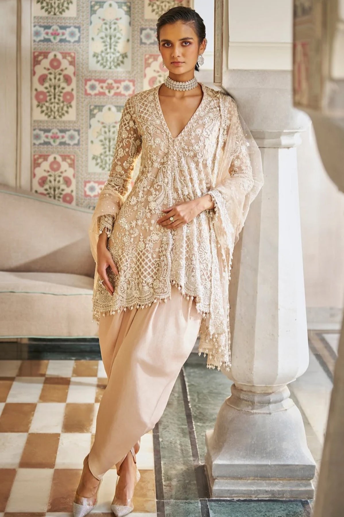 Nude Pearl Dhoti Set