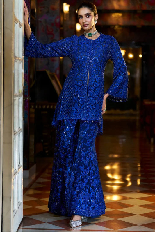 Navy Blue Thread Work Sharara Set