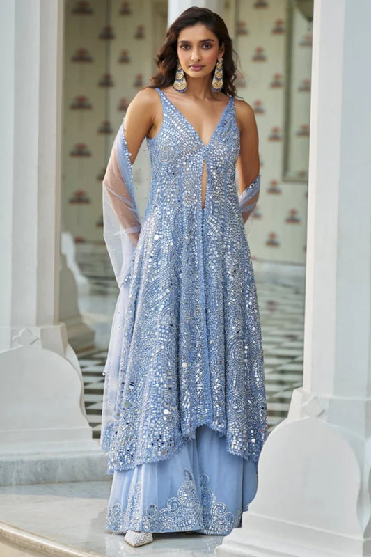 Blue Mirror Work Jacket Sharara Set