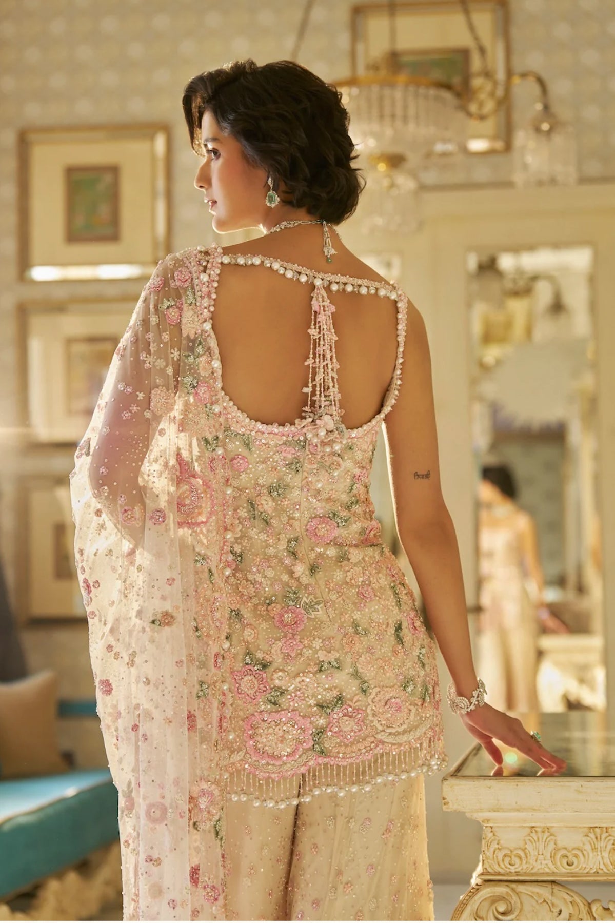 Nude Multi-Coloured Three-Dimensional Sharara Set