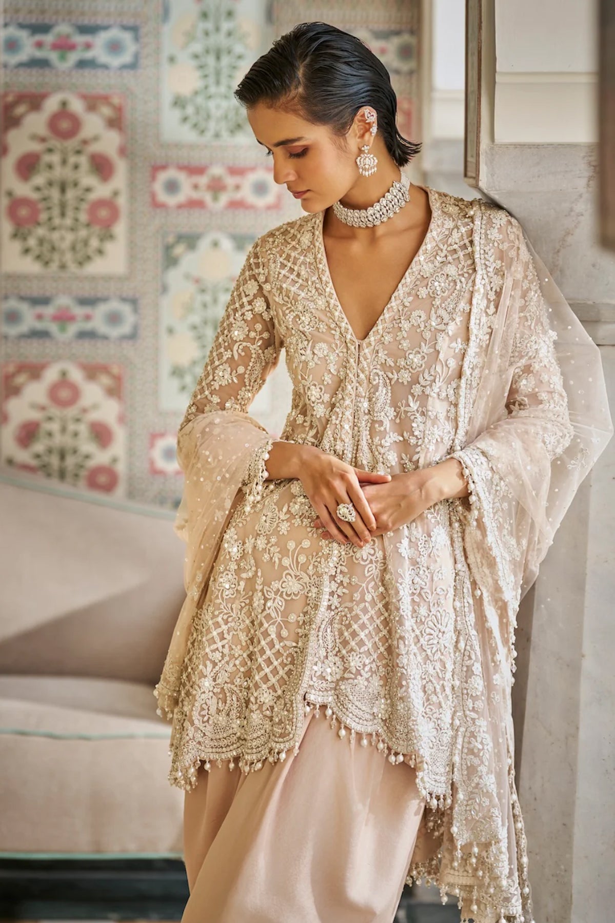Nude Pearl Dhoti Set