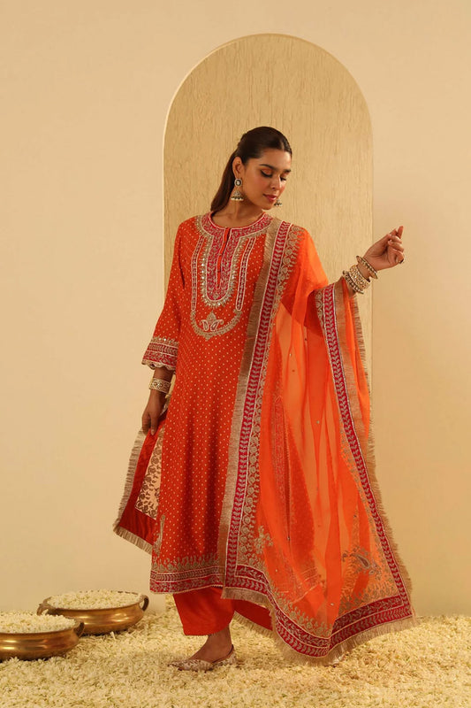 Saanjh - Orange A-line Kurta With Salwar