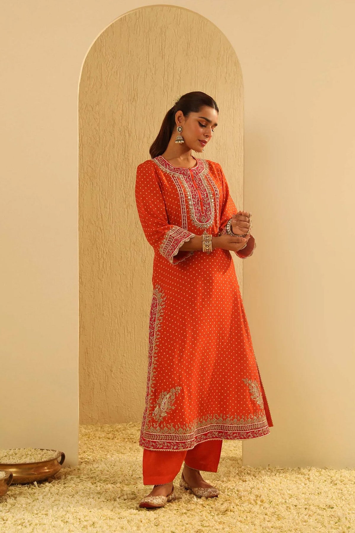 Saanjh - Orange A-line Kurta With Salwar