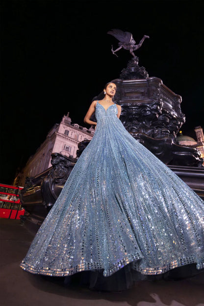 Ice Blue Mirror Work Gown