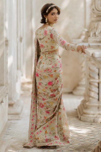 Rani pink Flower pre-draped Saree