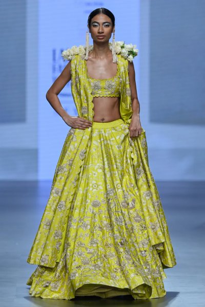 Lime Yellow Vintage Floral Printed Skirt Set