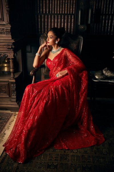 Red Sequin Net Saree